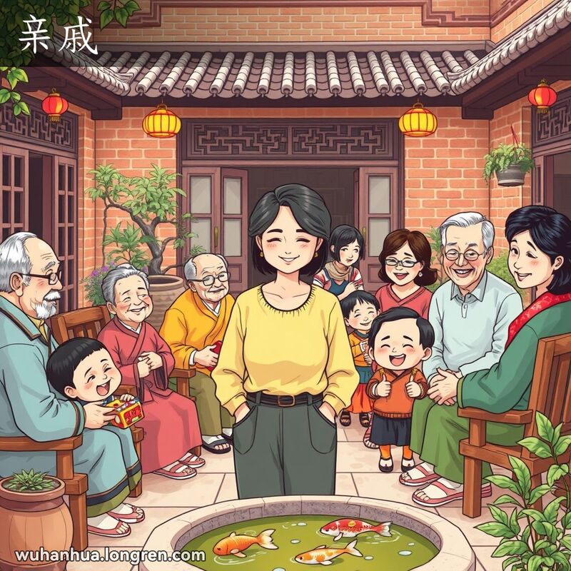 一个温馨的武汉庭院家庭聚会场景，中年妇女被亲戚围绕，背景有红砖墙和小鱼池
