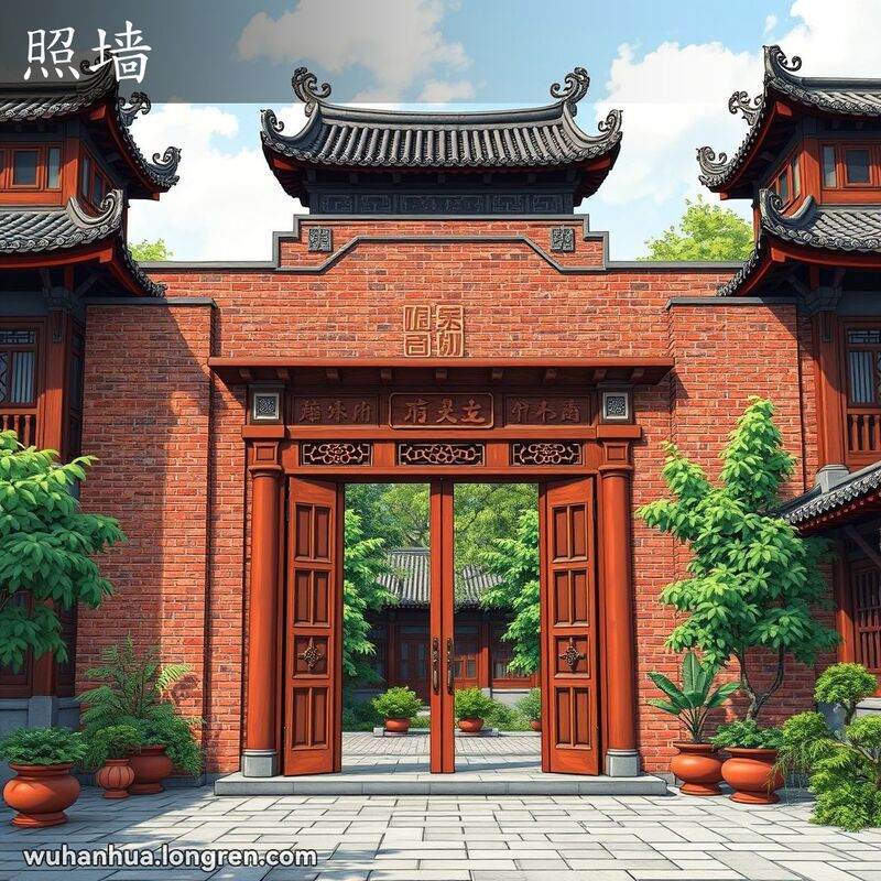 武汉庭院大门前的照墙，墙上有传统中国图案，庭院内有绿植和传统建筑