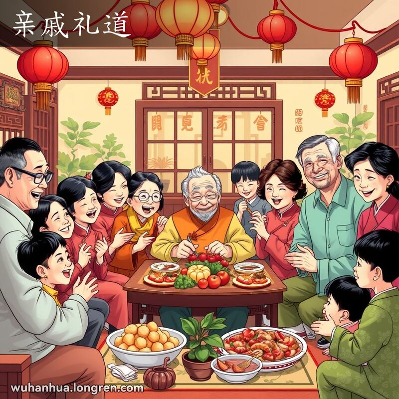一家人在传统武汉家庭聚会中互赠礼物，分享欢笑，享用丰盛餐食，背景有红灯笼和地方美食。