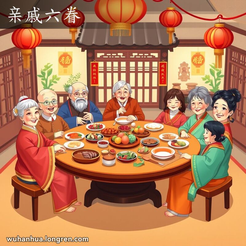 春节期间，六位家庭成员围坐在丰盛的餐桌旁，背景是传统的中国家庭装饰，气氛温馨欢乐。