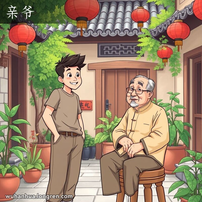 一位年轻人在武汉传统庭院中，微笑着与一位坐在木凳上的老人交谈，背景有红灯笼、盆栽和木门等元素
