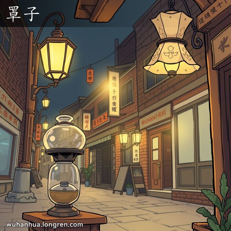 武汉老街夜景，煤油灯和电灯的罩子，背景是老式建筑和招牌