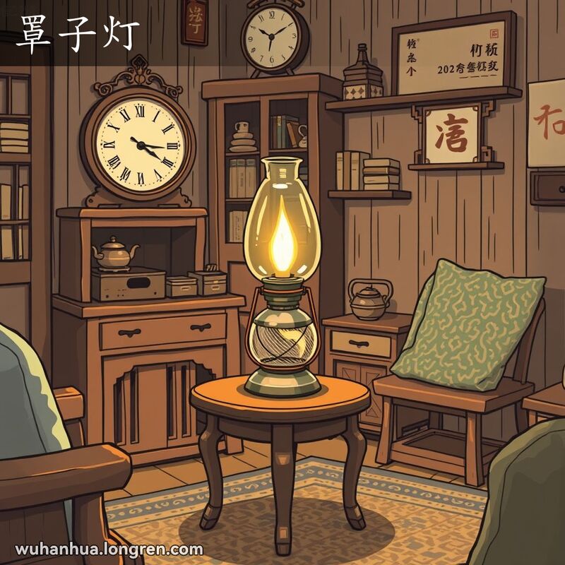 一个温馨的老式房间，房间内摆放着一盏古老的煤油灯，背景有老式时钟和古书