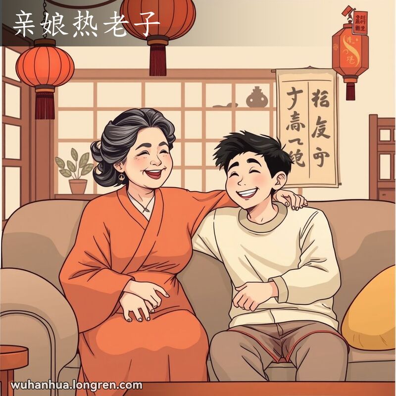 一位中年妇女和一位年轻男子在温馨的客厅中，妇女慈爱地搂着男子的肩膀，两人笑容满面，背景有红灯笼和书法挂轴。