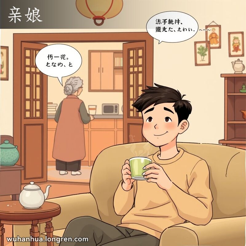 一位年轻男子坐在客厅沙发上，手捧茶杯，背景中老妇人在厨房忙碌，表达对岳母的亲切称呼“亲娘”。