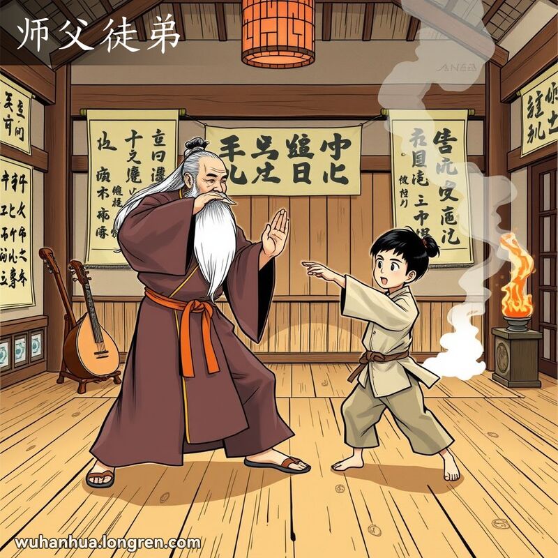 一位年长的武术师父在武馆中教授徒弟武术，徒弟专注模仿，背景有古琴和香火