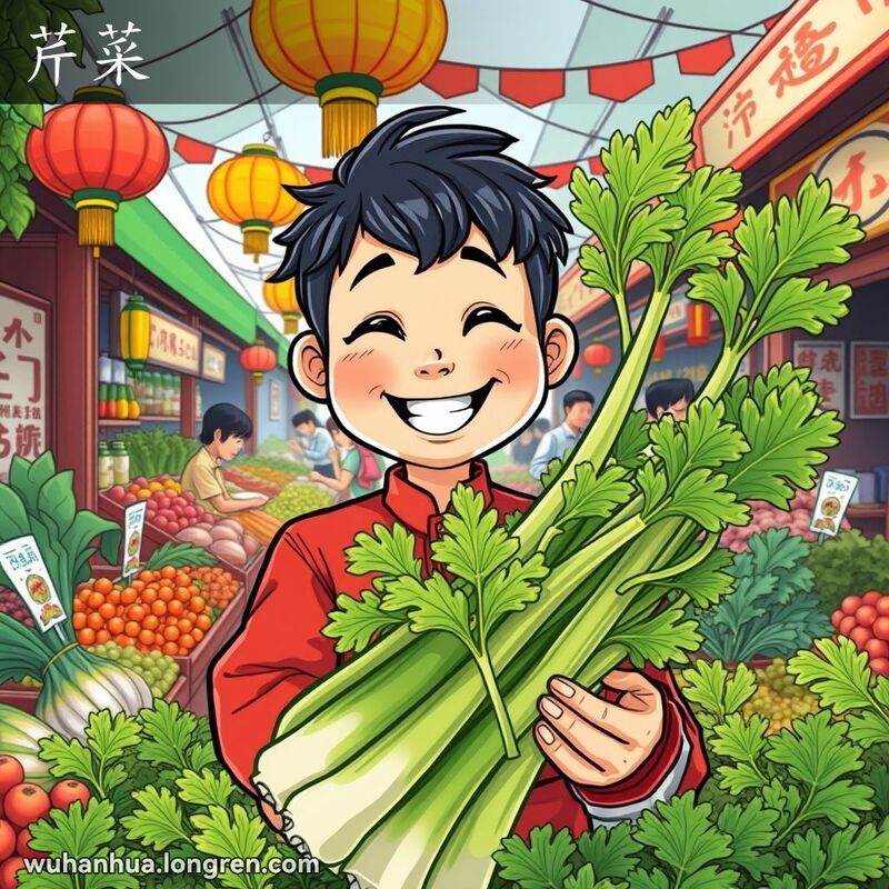 武汉市场上，一位穿着传统服饰的摊贩手持新鲜芹菜，背景是热闹的蔬菜水果摊位和传统灯笼