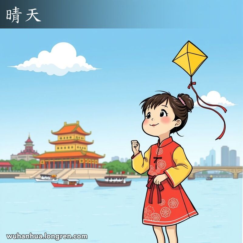 晴朗的天空，蓝天白云，小女孩手持风筝，背景是黄鹤楼和长江