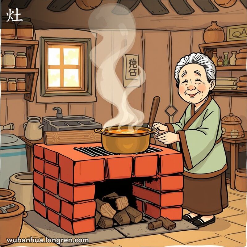 一位老奶奶在传统武汉厨房里照看用红砖和金属制成的老式灶台，灶台上煮着汤。
