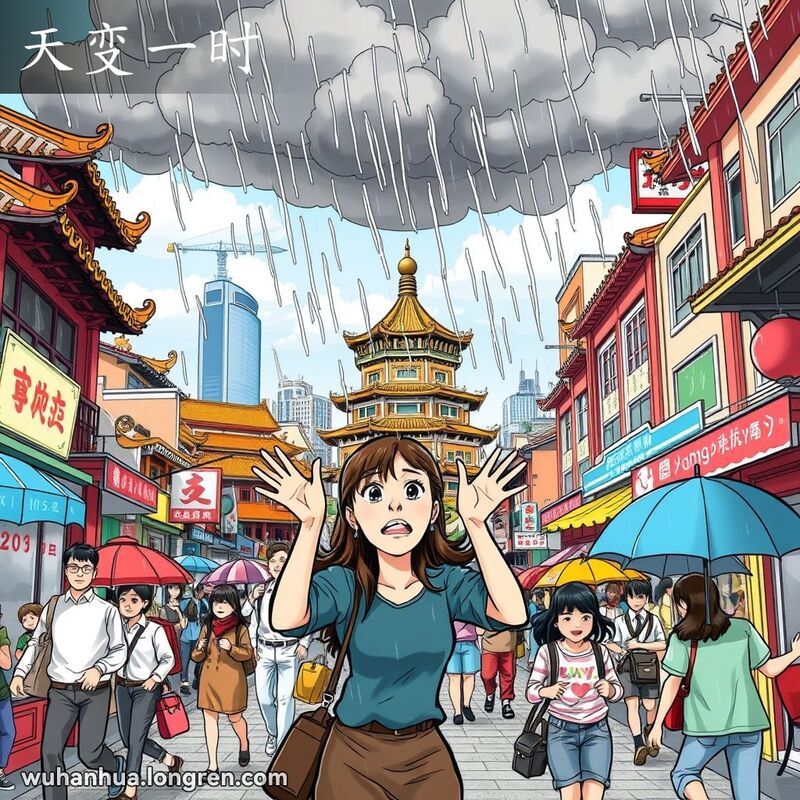 武汉街道天气突变，行人措手不及躲雨，女士惊讶望天，背景有黄鹤楼和长江大桥