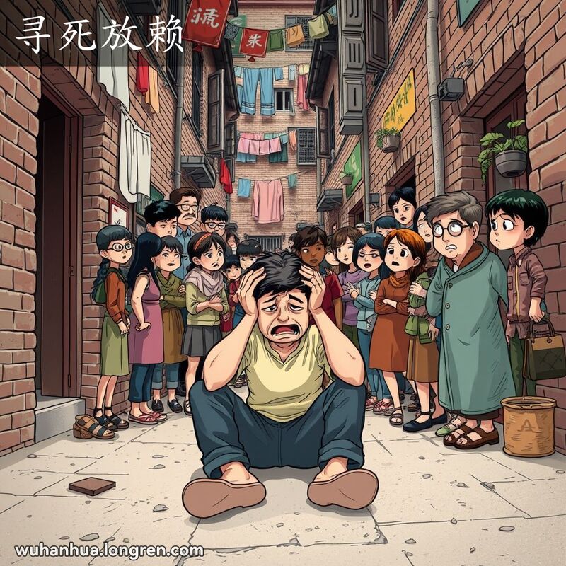 一个人在武汉巷子里坐在地上，显得非常烦恼，周围的邻居和路人试图安抚他，背景是老旧的砖墙和晾晒的衣物