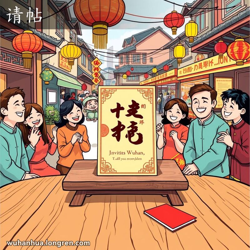 武汉传统街区的节庆场景，桌上放着精美的请帖，周围是欢乐的人群和热闹的街市