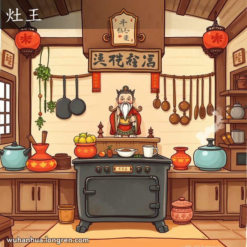 传统武汉厨房中，灶台上方供奉灶王爷的神龛，周围有水果和香火供品，灶王爷微笑守护家庭。