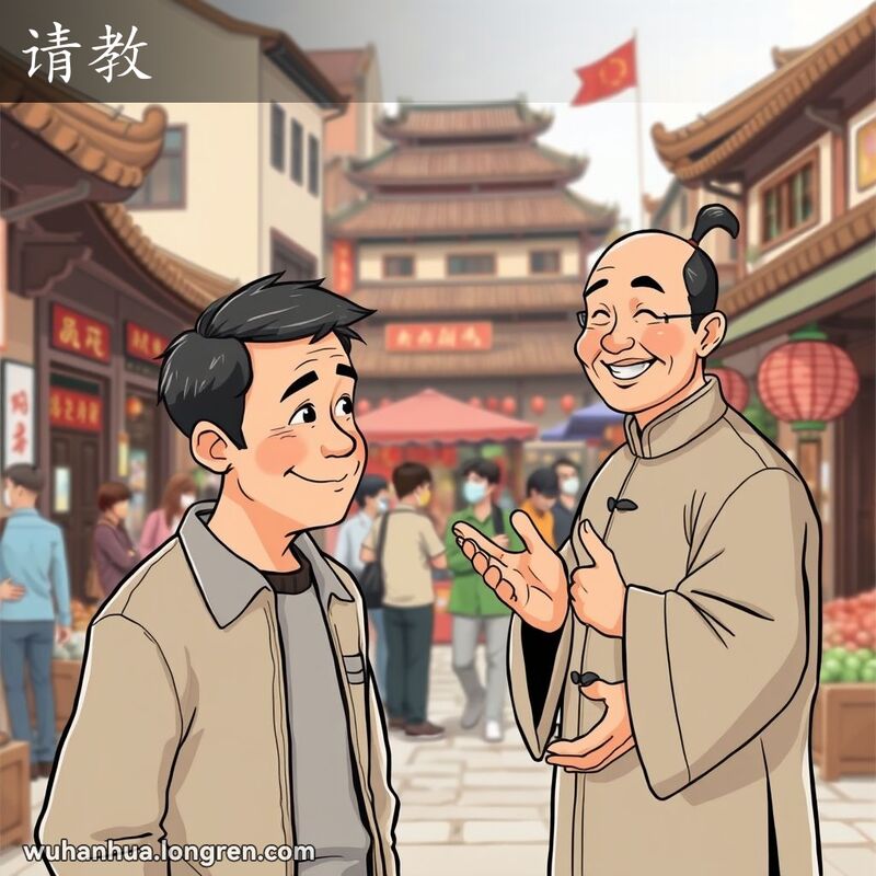 一位中年男子在武汉传统街景中友好地向另一位男子提问，背景是老式建筑和热闹的市场。