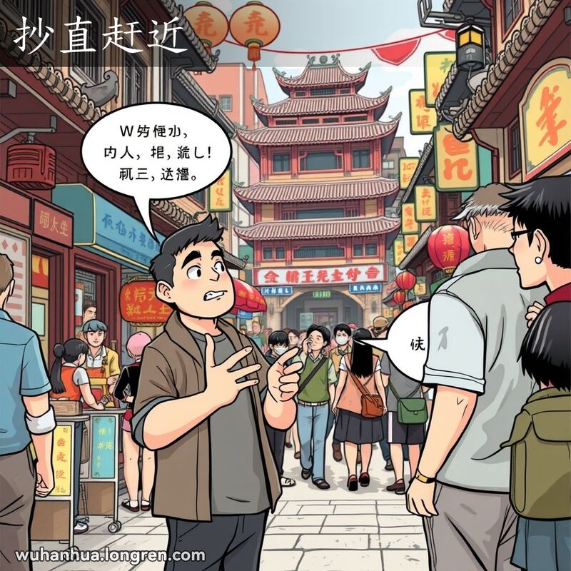 武汉街头，一位市民自信地与另一位市民交谈，手势明确，表情坚定，体现“抄直赶近”的直截了当。