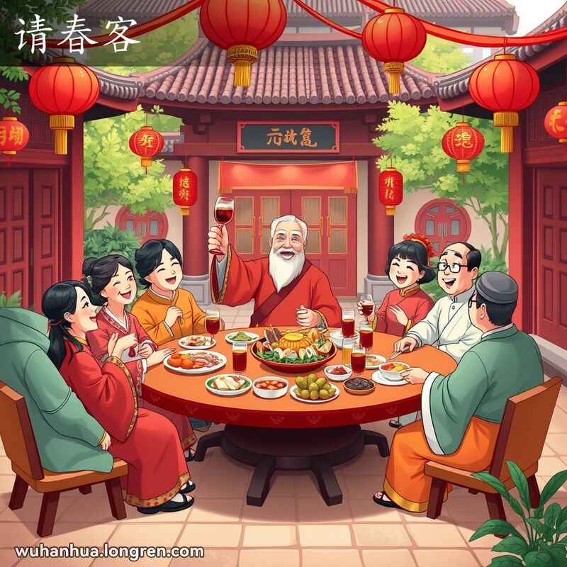 春节期间，武汉传统庭院中的热闹聚会，主人邀请客人共同庆祝，背景有红灯笼和彩旗