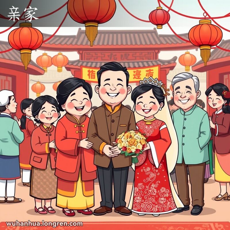 两对父母在传统武汉婚礼上互相问候，象征亲家关系，背景是热闹的婚礼场景