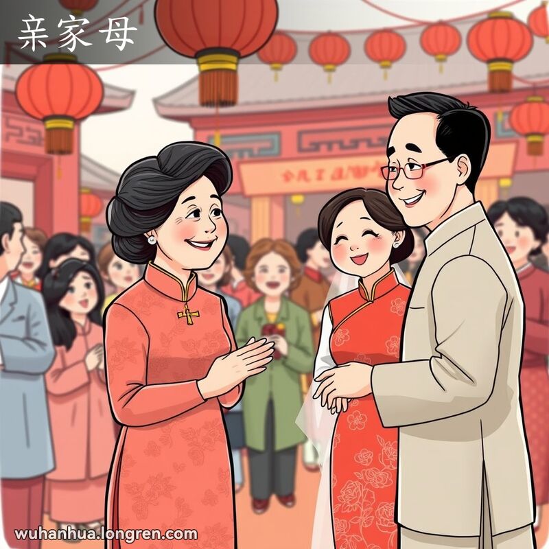 一位中年妇女在武汉婚礼上与新郎的母亲互相问候，背景是节日氛围和传统装饰