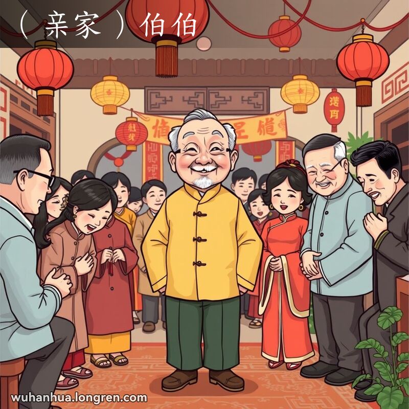 一位老人在传统婚礼上接受家人的敬意，背景是热闹的节庆场景，表现了武汉方言中的“伯伯”。