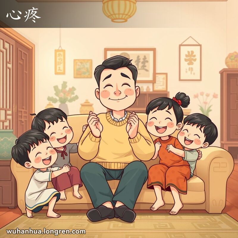一位慈爱的父亲坐在沙发上，孩子们在他周围玩耍，父亲脸上带着温柔和关爱的表情，背景是温馨的家庭客厅