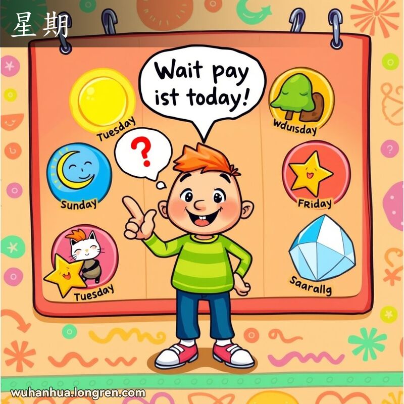 一个充满色彩的日历，每一天都有独特的图标，中央是一个快乐的卡通人物指着某一天，问“今天星期几？”