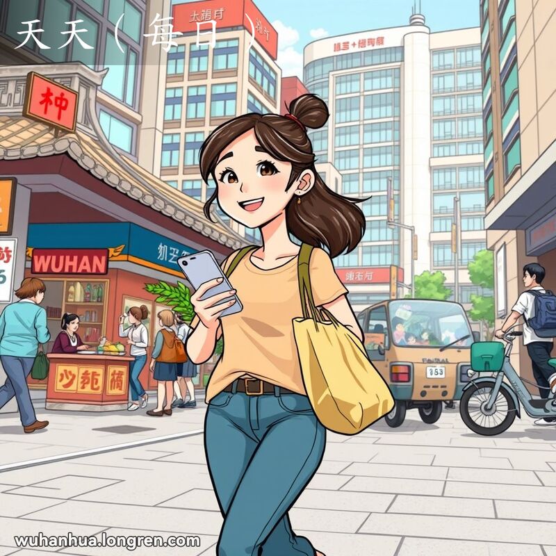 一位年轻女性在武汉街头手持购物袋和智能手机，背景有早餐摊和办公楼，展示每日生活