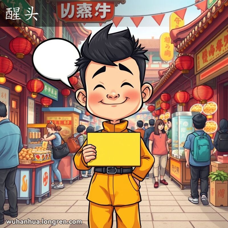 一个表情滑稽、不严肃的人物站在武汉市场中，手持空白对话框标牌，背景是传统中国建筑和市场摊贩