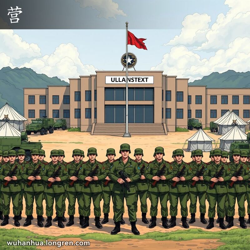 一群士兵在军事基地前列队站立，手持步枪，背景有军用车辆和帐篷