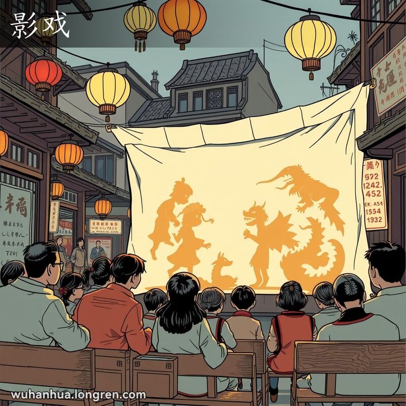 武汉老街上，人们围坐观看皮影戏表演，背景有老电影海报，展现“影戏”的旧时魅力