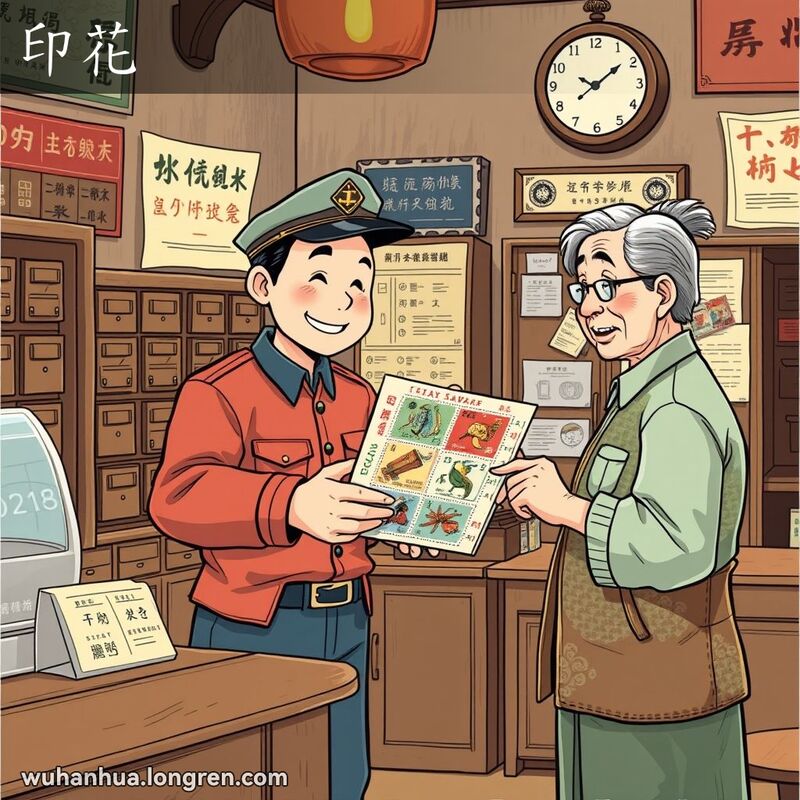 一位邮局工作人员在老邮局内将印花税票递给顾客，背景有老式邮箱和复古海报