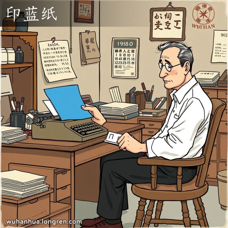 一位中年男子在老式办公室里手持蓝色复写纸，背景有老式办公用品