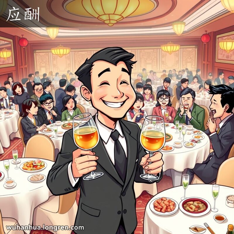 武汉宴会厅中，穿西装的男子手持酒杯，微笑交谈，背景是热闹的宴会场景