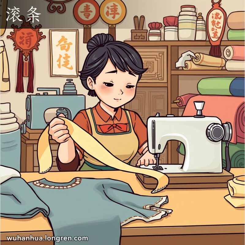 一位武汉裁缝师坐在缝纫机前，手持用于制作滚边的布条，背景是传统的中国装饰和缝纫工具