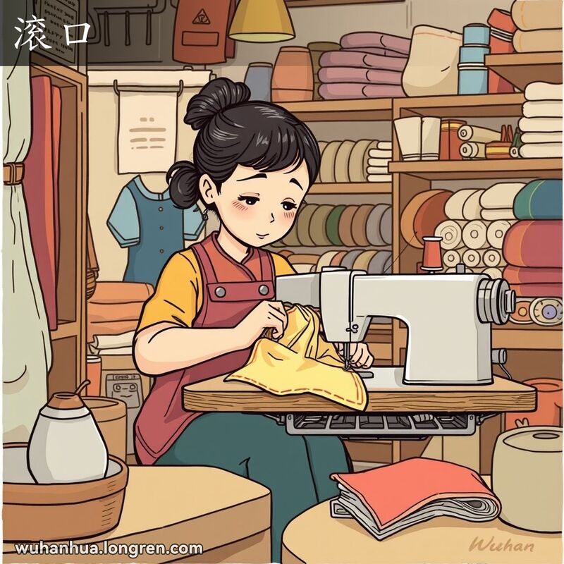 一位武汉裁缝师坐在缝纫机前，专注地在布料上缝制圆棱边，背景是温馨的裁缝店