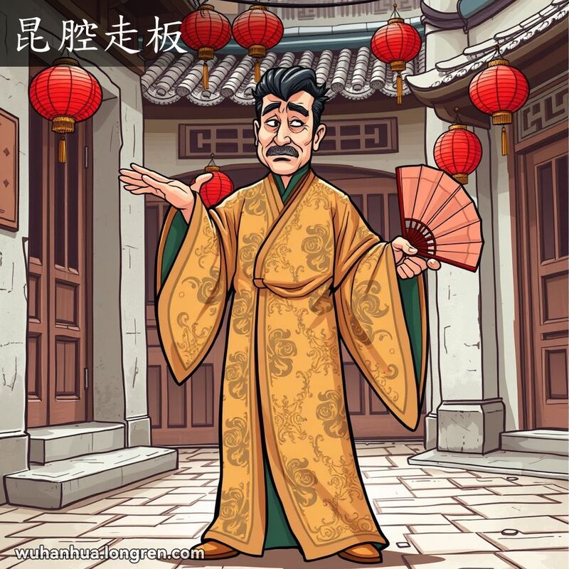 一位身穿戏曲服装的人物在武汉老街上手持折扇，做出夸张的动作和表情，背景有木门和红灯笼