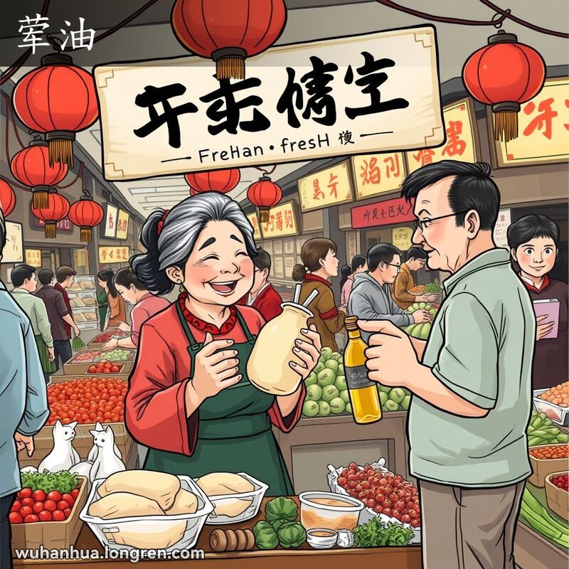 武汉传统市场中，摊主手持猪油向顾客介绍，顾客手持植物油，背景有其他摊位和忙碌的人群。