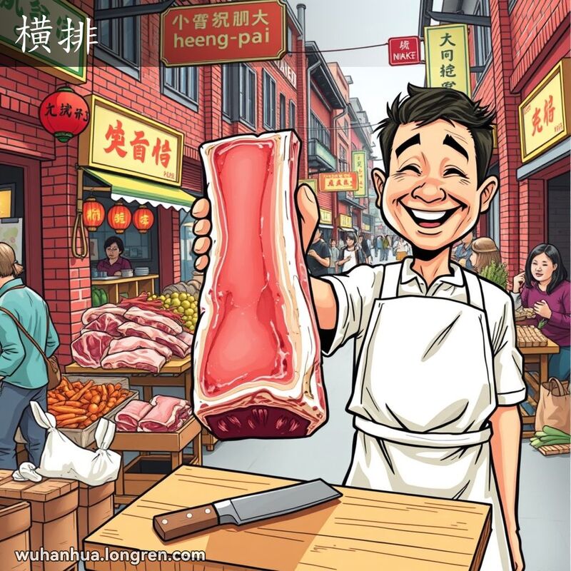 武汉街头市场中，摊贩手持新鲜猪排骨，背景是繁忙的市场和各种摊位
