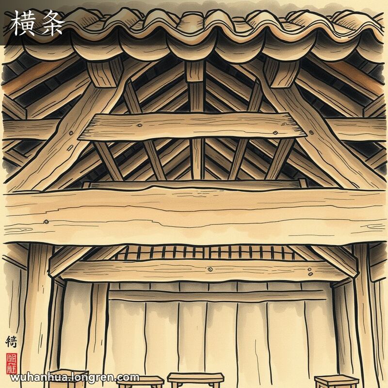 传统武汉木屋内部结构，展示支撑屋顶的横向木梁，背景有瓦片和木质家具