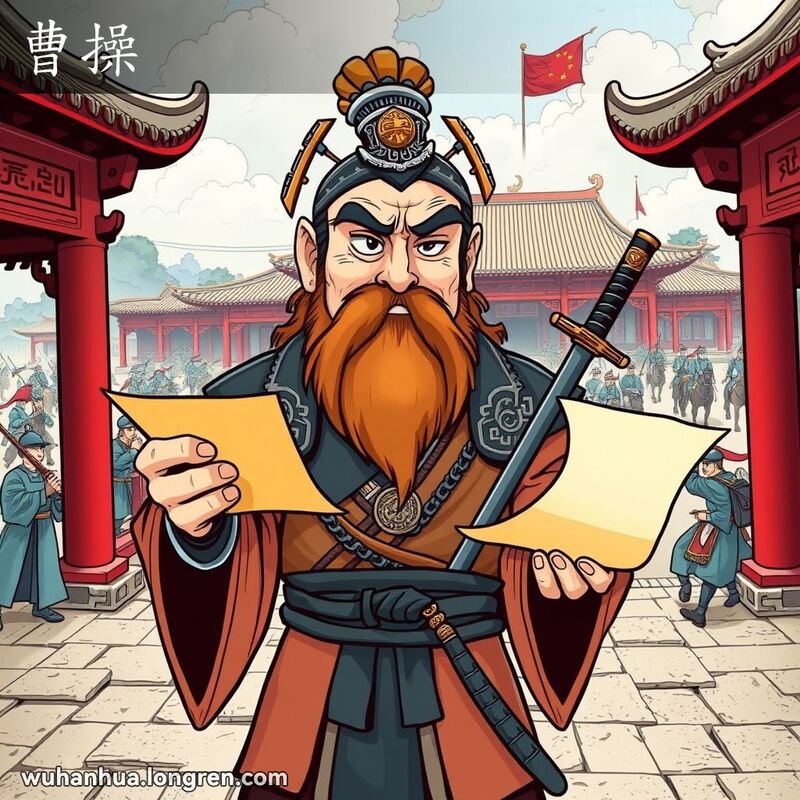 古代中国的曹操站在庭院中，手持卷轴和剑，背景是古代建筑和战场。