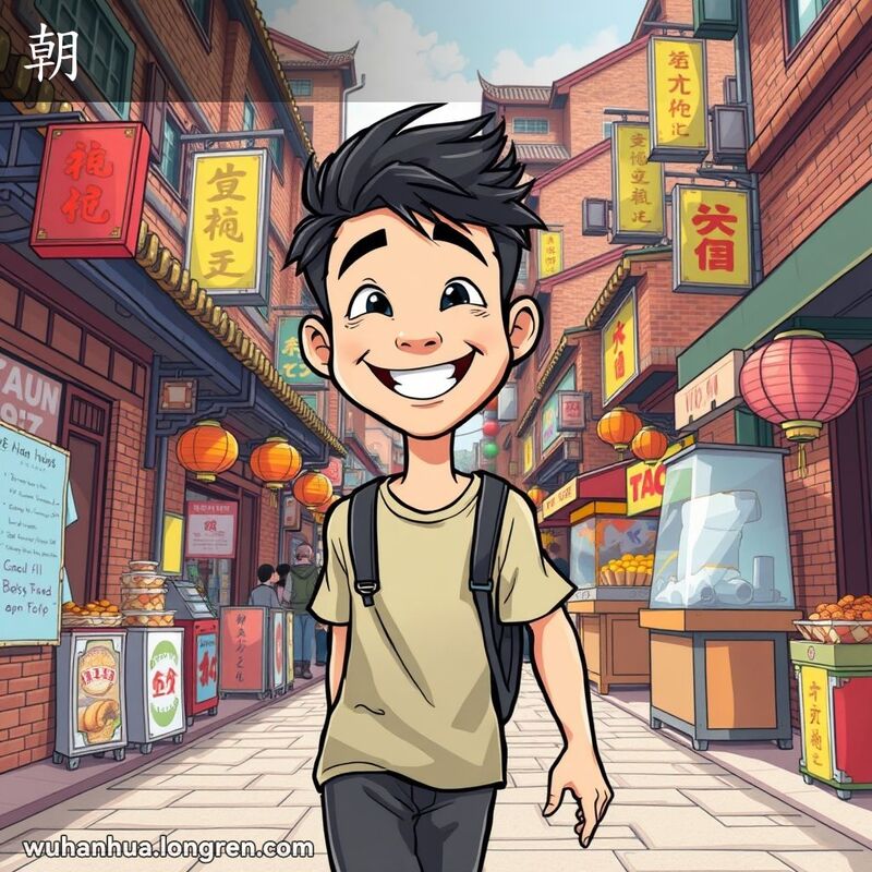 一位年轻男子在武汉街头微笑着走向观众，背景是传统建筑和热闹市场