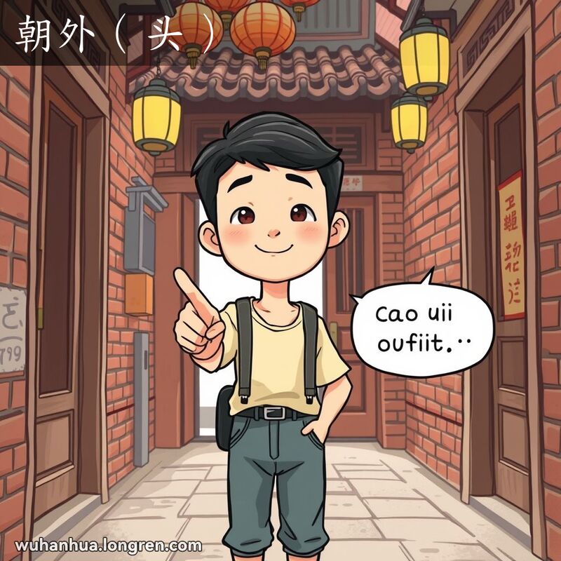 一位年轻的武汉市民站在巷子入口，手指向外，表示“朝外（头）”的方向，背景是武汉老街景