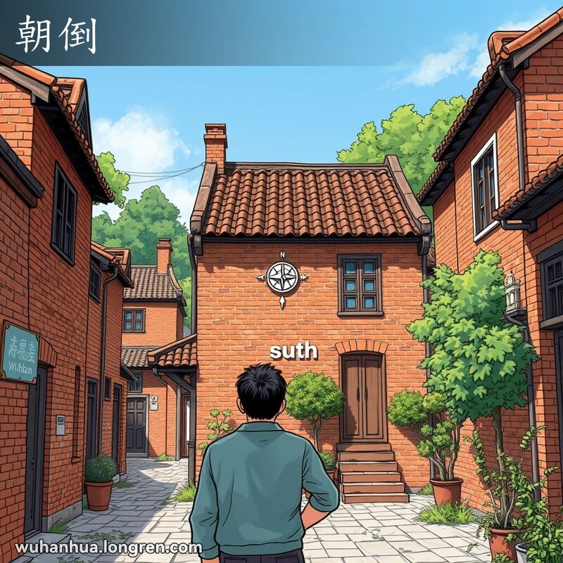 武汉街区房子正门朝南，一位男子面向房子，背景有其他房屋和树木