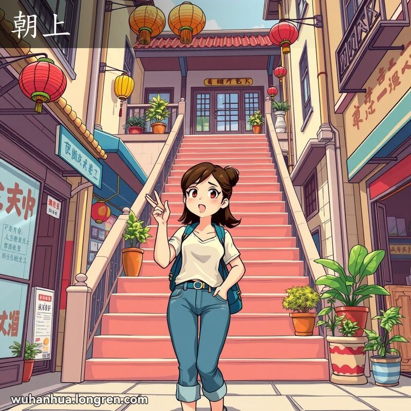 一位年轻女子站在武汉街头的楼梯底部，仰望楼上的阳台，手势指向楼上，表情坚定，背景是繁忙的武汉街道。