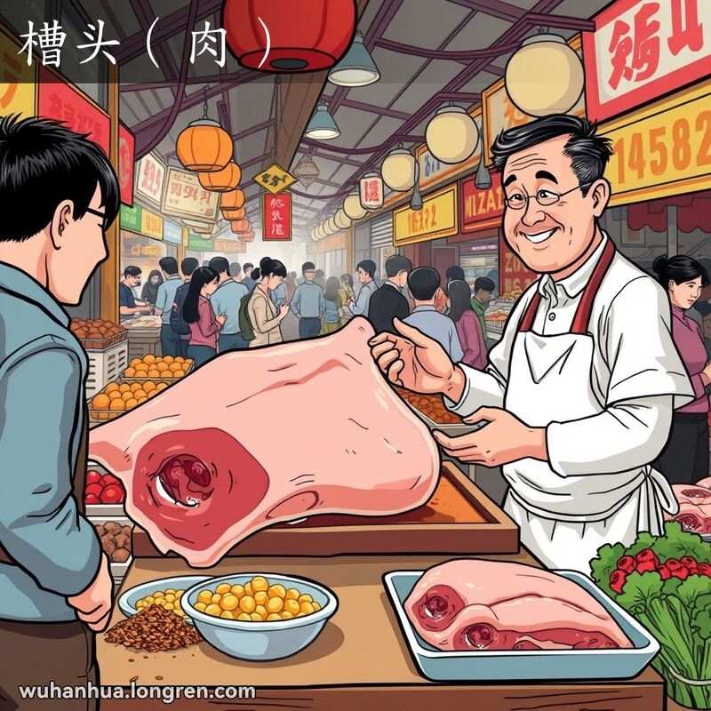 武汉传统市场中，肉铺老板展示从猪腮帮到颈部的槽头肉，背景是忙碌的市场和其他摊位