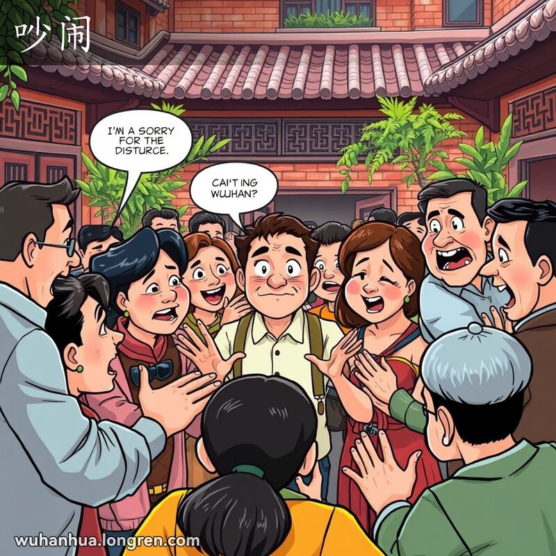 几个人在武汉院子里激烈讨论，中间有人试图平息争吵，背景是武汉老建筑