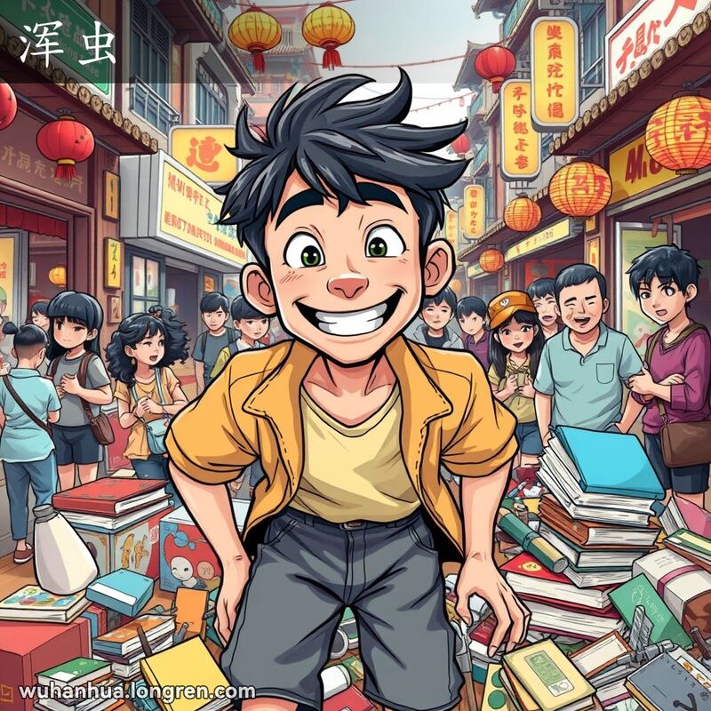 一个年轻人在喧闹的环境中，周围散落着杂物，脸上带着调皮的笑容，背景是繁忙的武汉街道