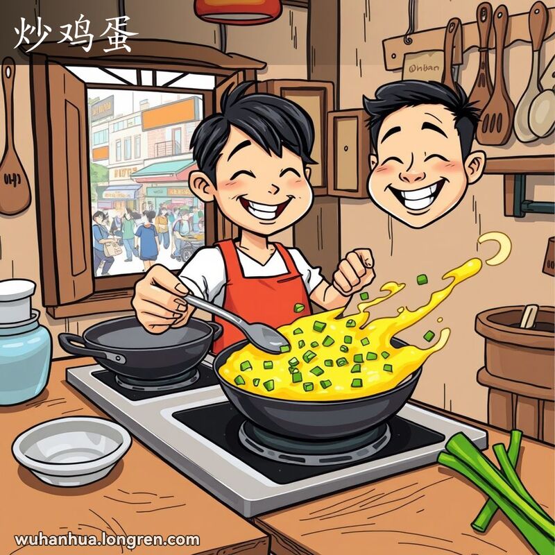 武汉厨房里，一个本地人正在炒鸡蛋，鸡蛋金黄松软，夹杂着葱花，背景是热闹的武汉街景。