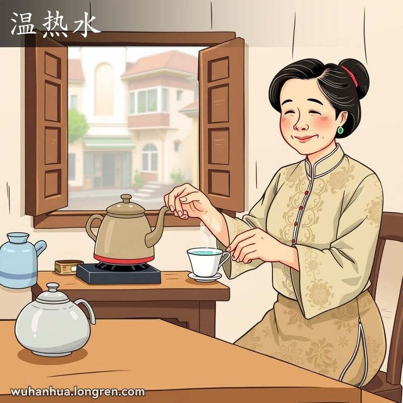 一位中年妇女在厨房里从水壶中倒温热水到茶杯里，背景是武汉街景