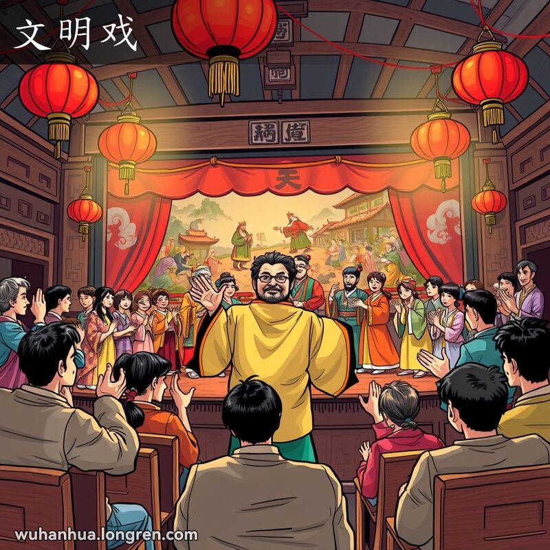 武汉老剧院内，观众们正在观看传统戏剧表演，舞台上演员们身穿鲜艳服饰，背景是历史场景的画布。
