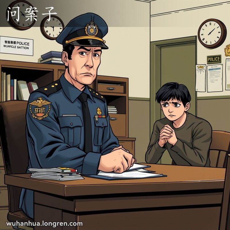 一位武汉警察在警察局内审问嫌疑人，背景是老式警察局，画面严肃。